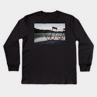 Two Chairs on pier. Amazing shot of the Ferchensee lake in Bavaria, Germany. Scenic foggy morning scenery at sunrise. Kids Long Sleeve T-Shirt